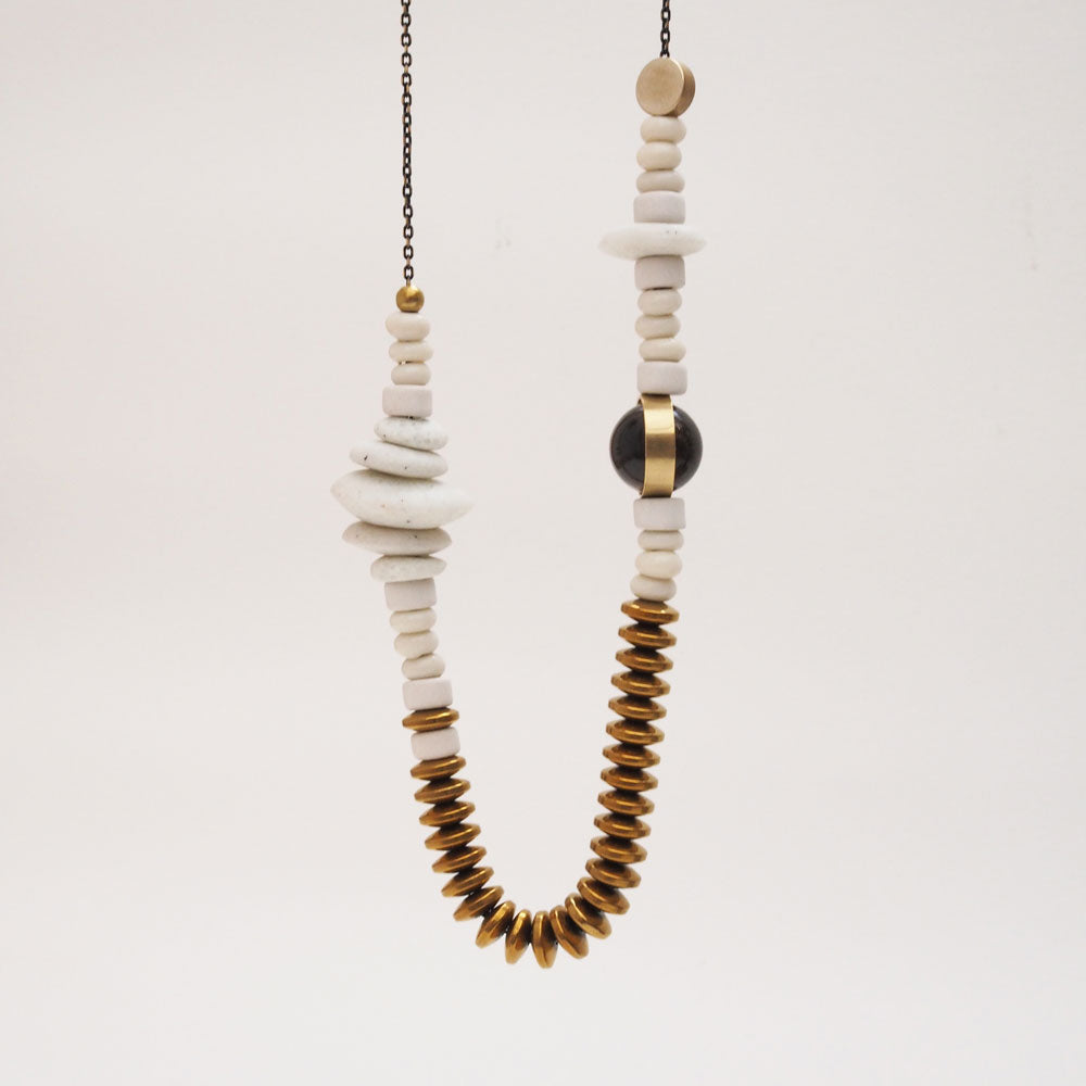 Consta Long Necklace | Krobo, Java, Hematite, Quartz & Brass Beads | by brass+bold - Lifestory - brass+bold