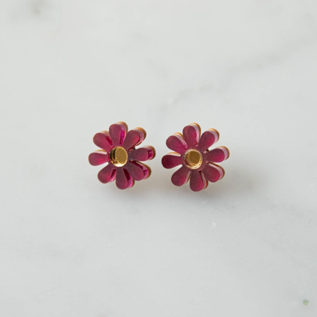 Daisy Stud Earrings | Aubergine | Acrylic & Wood | by Pepper You - Lifestory