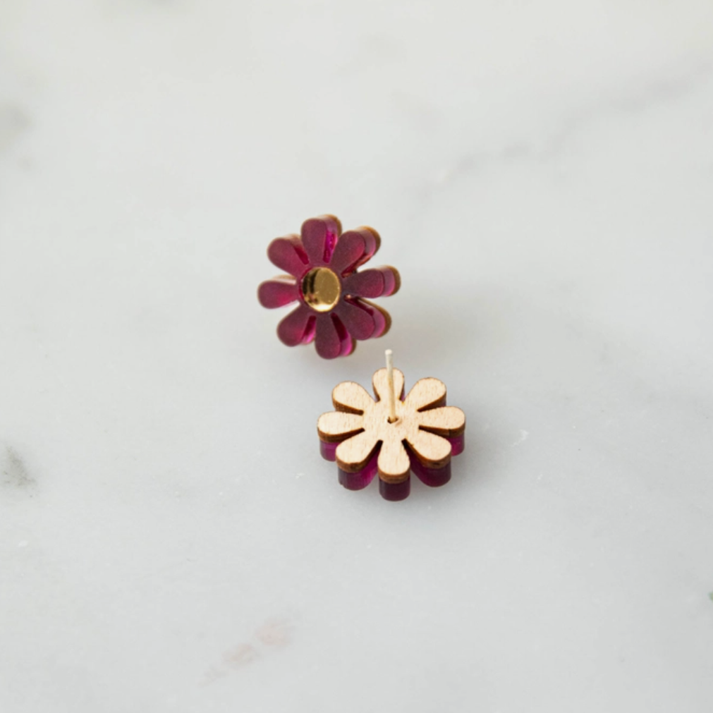 Daisy Stud Earrings | Aubergine | Acrylic & Wood | by Pepper You - Lifestory