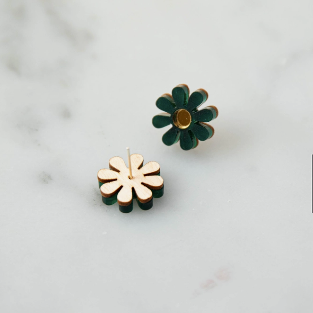 Daisy Stud Earrings | Emerald | Acrylic & Wood | by Pepper You - Lifestory