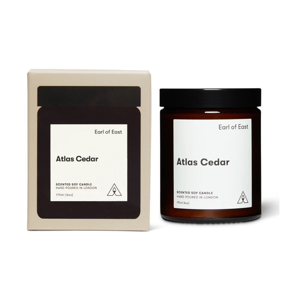 Earl of East Atlas Cedar Soy Wax Candle - 170ml glass jar next to gift box