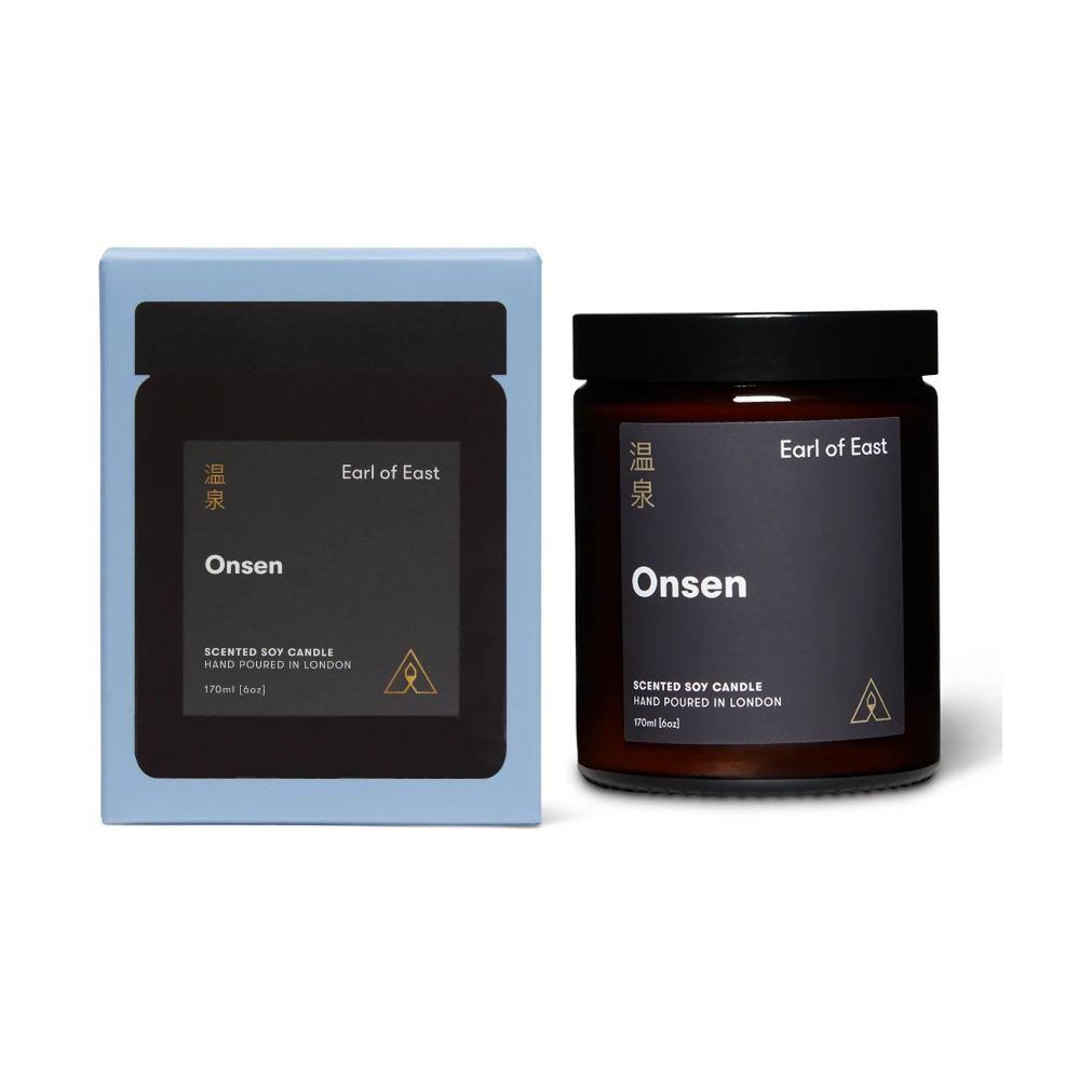 Earl of East Onsen Soy Wax Candle - 170ml glass jar next to blue box packaging