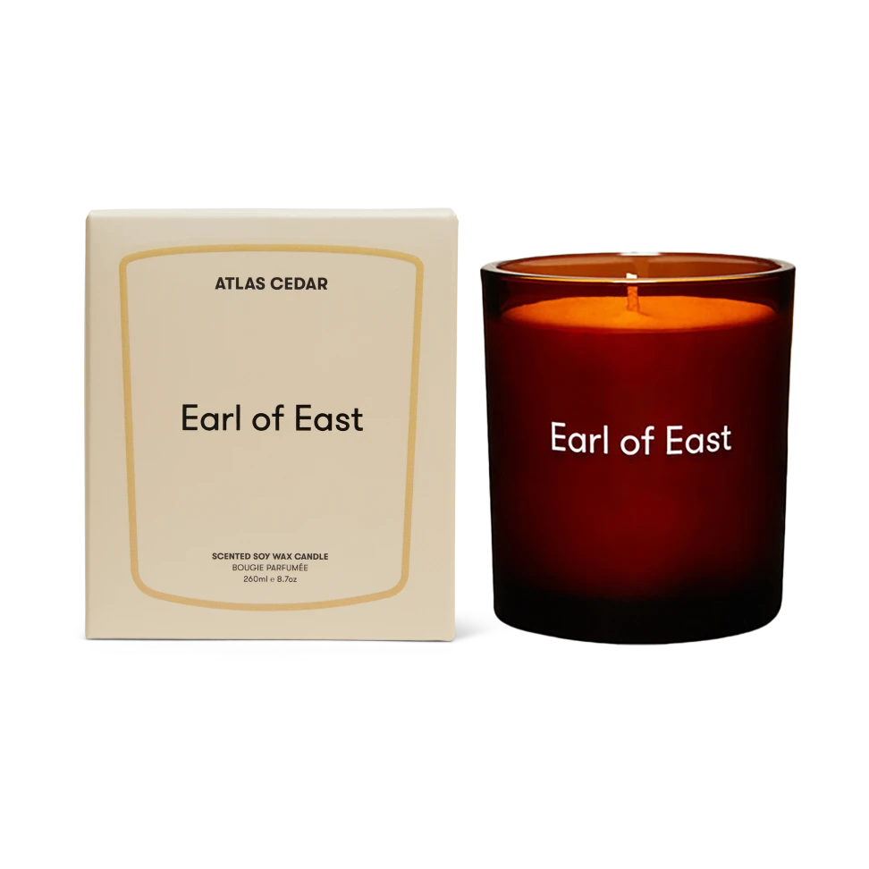 Atlas Cedar 'Earl of East' candle and packaging on a white background