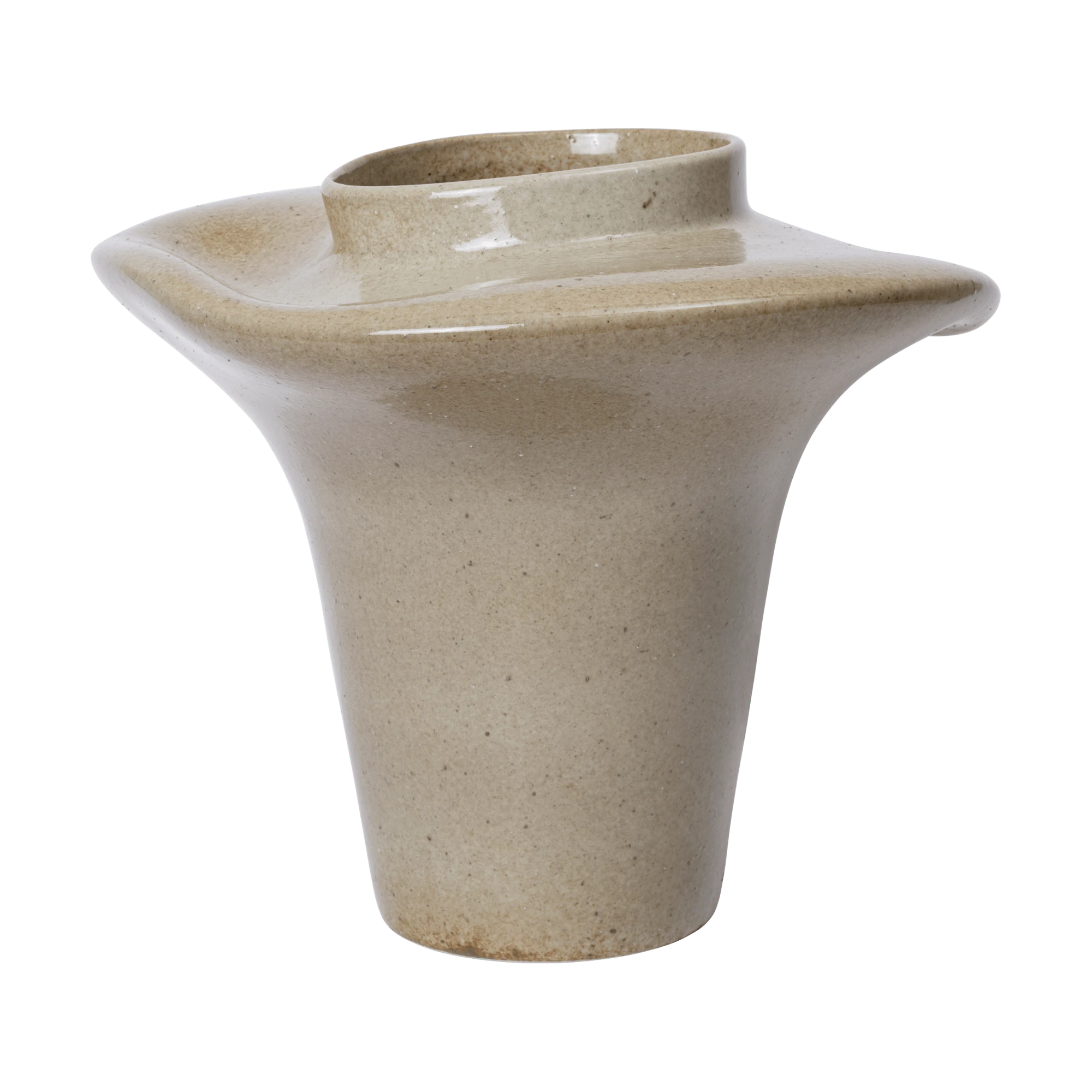 Beige ceramic vase with a unique design on a white background