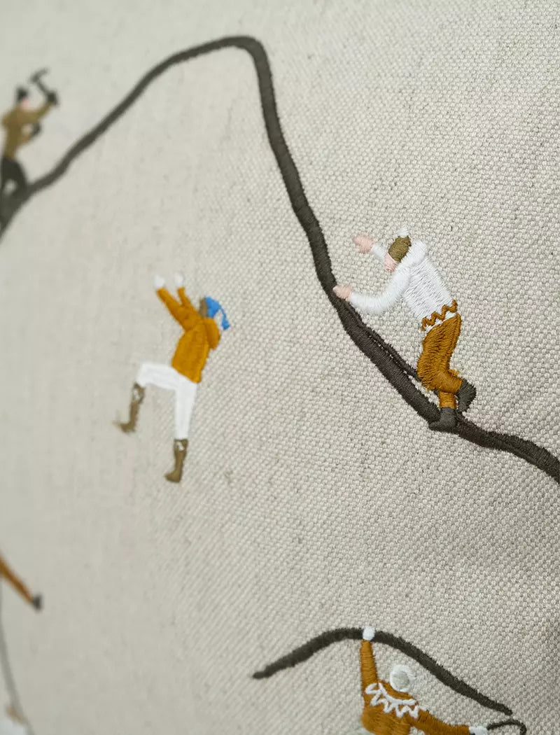 Fine Little Day 'Mountain Climbers' Embroidered Square Cushion close details on 4 climbers