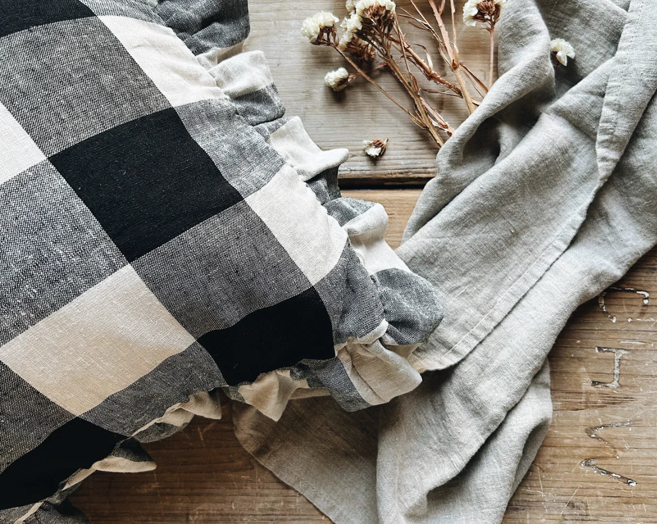 Frilled Cushion - 20 x 20" | Black & White Gingham | Linen Mix | by Walker Home - Lifestory