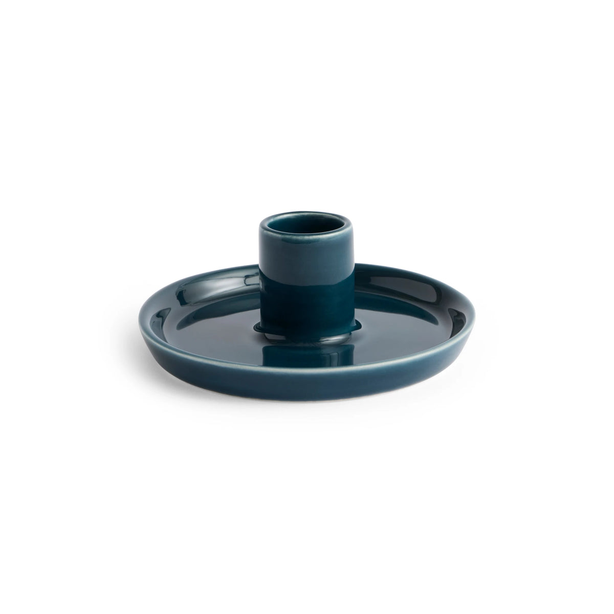 Dark Teal ceramic HAY disc candle holder with matching tray on a white background