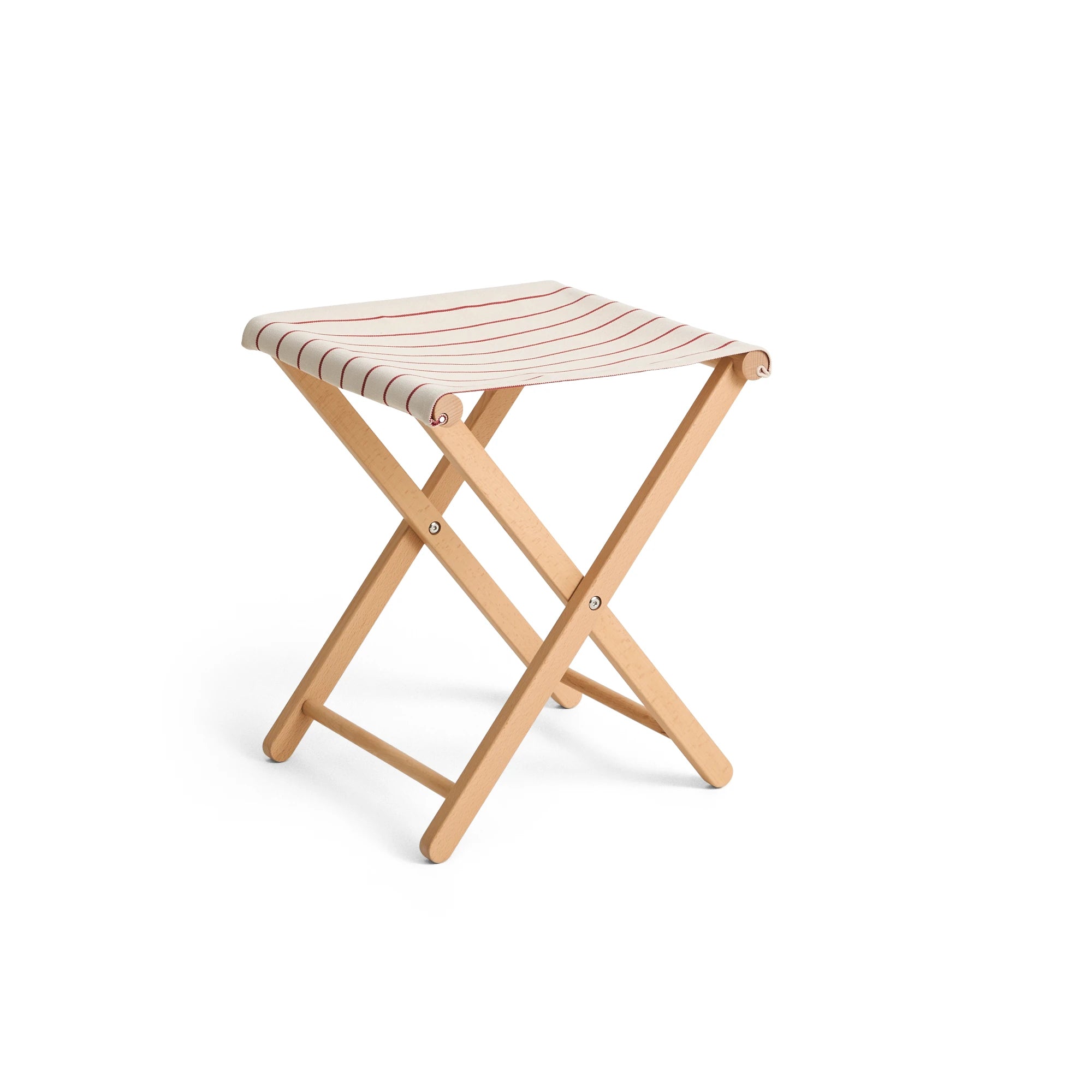 Foldable stool with striped seat on a white background