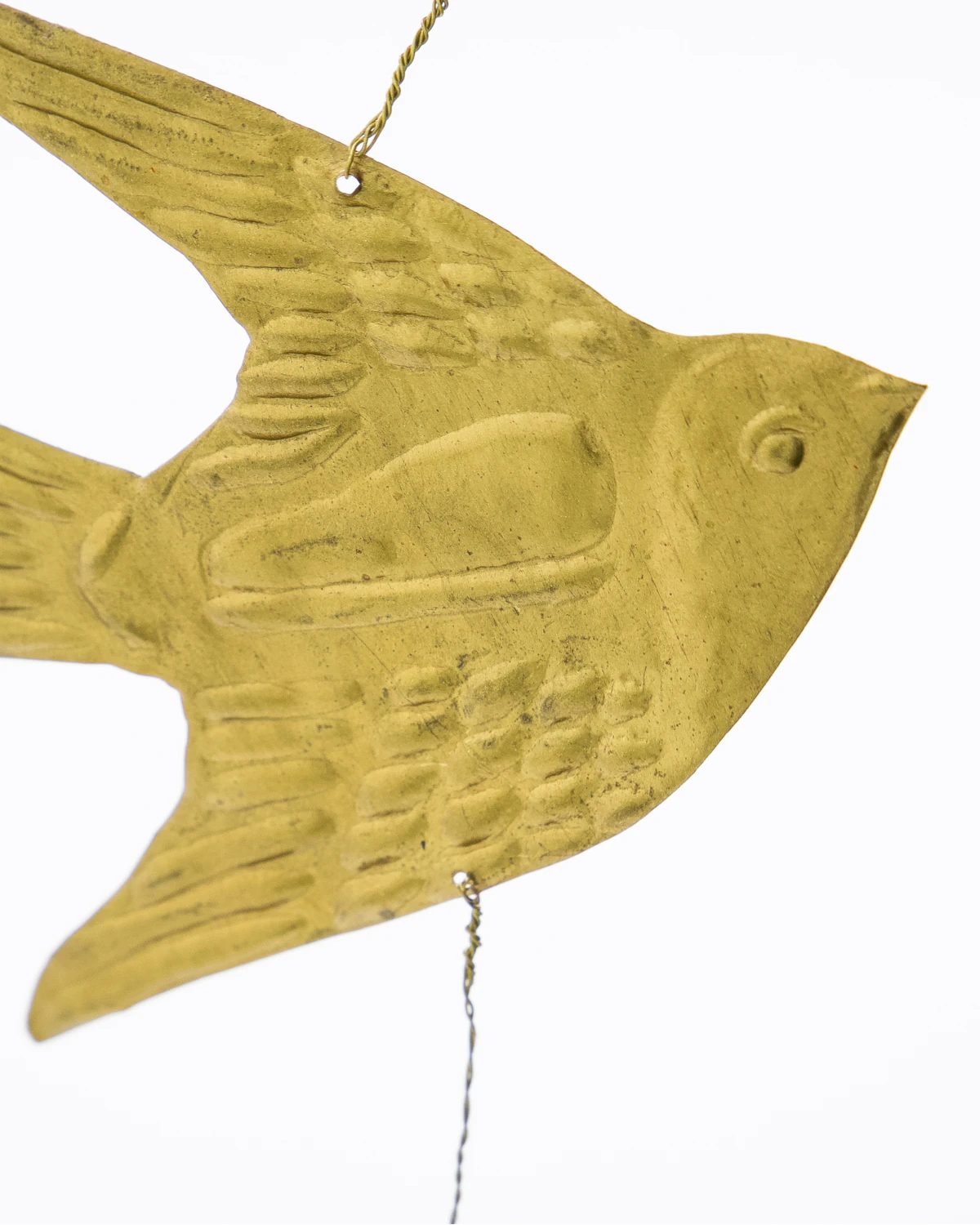 House Doctor Set of 3 Handmade Brass Hanging Ornaments - close up of bird shape against a white background 