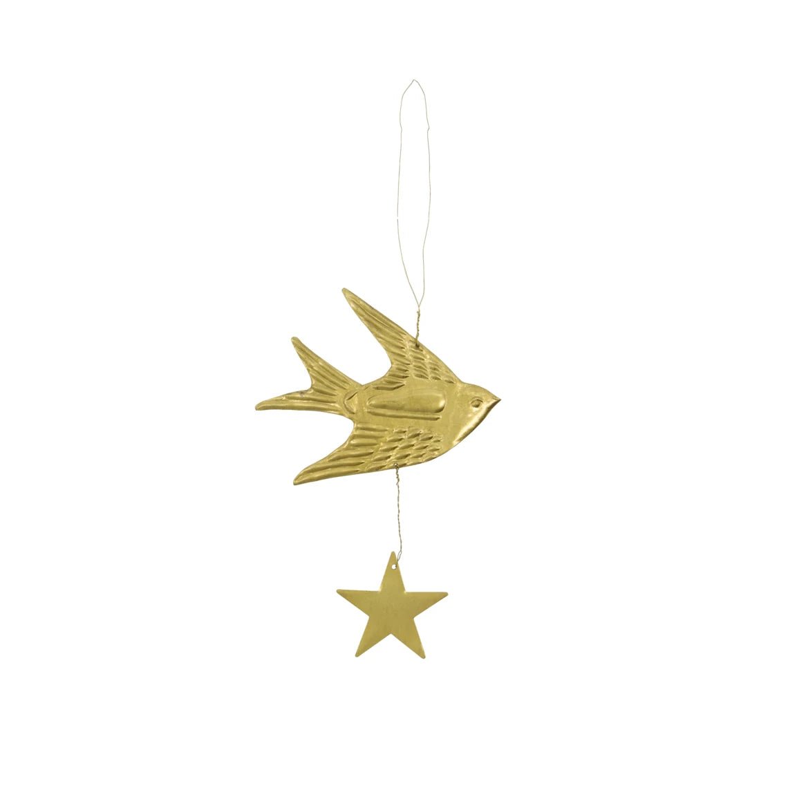 House Doctor Set of 3 Handmade Brass Hanging Ornaments - bird and star shape against a white background 