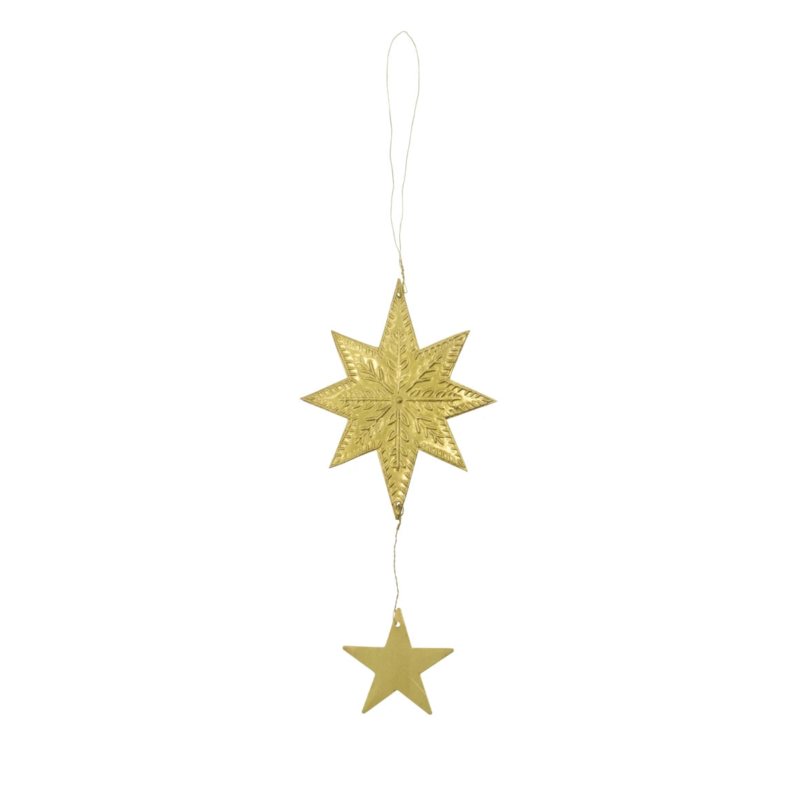 House Doctor Set of 3 Handmade Brass Hanging Ornaments - large star and small star shape against a white background 