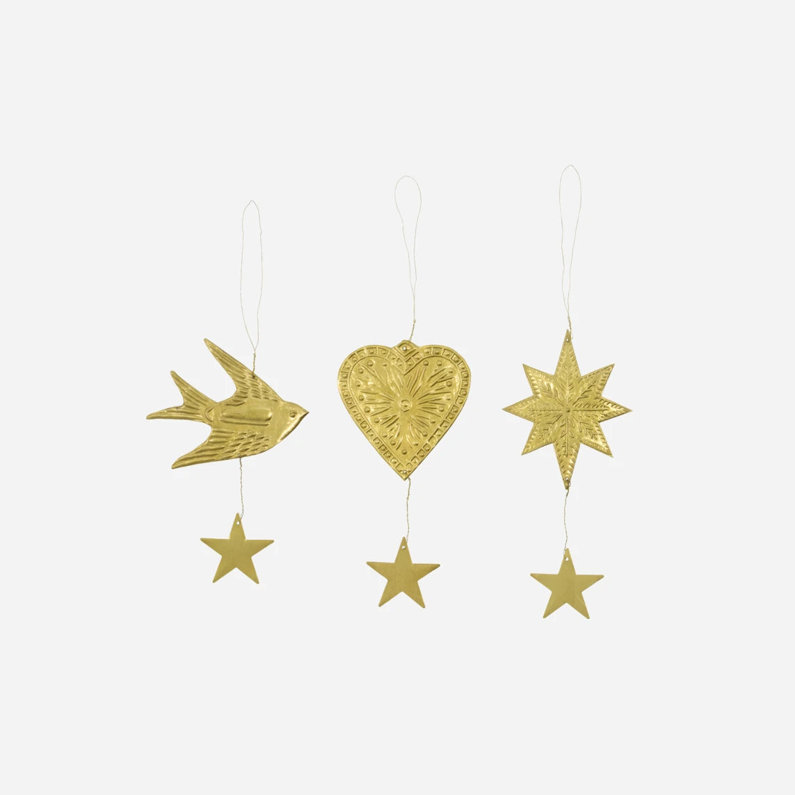House Doctor Set of 3 Handmade Brass Hanging Ornaments  against a white background 