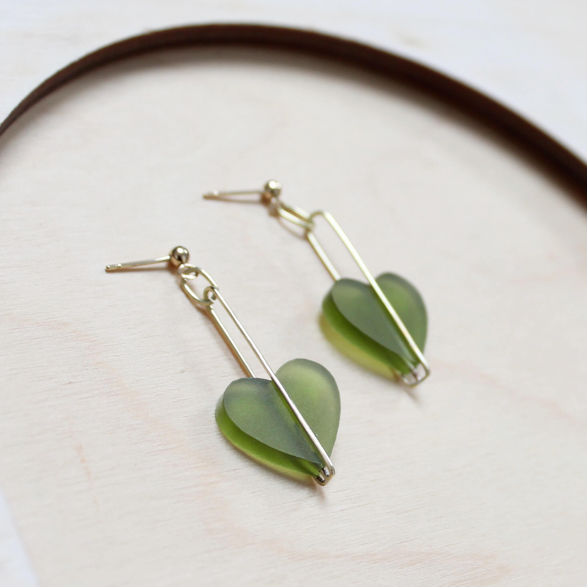 Heart Drop Earrings | Olive | Perspex & Brass | by Jules & Clem - Lifestory