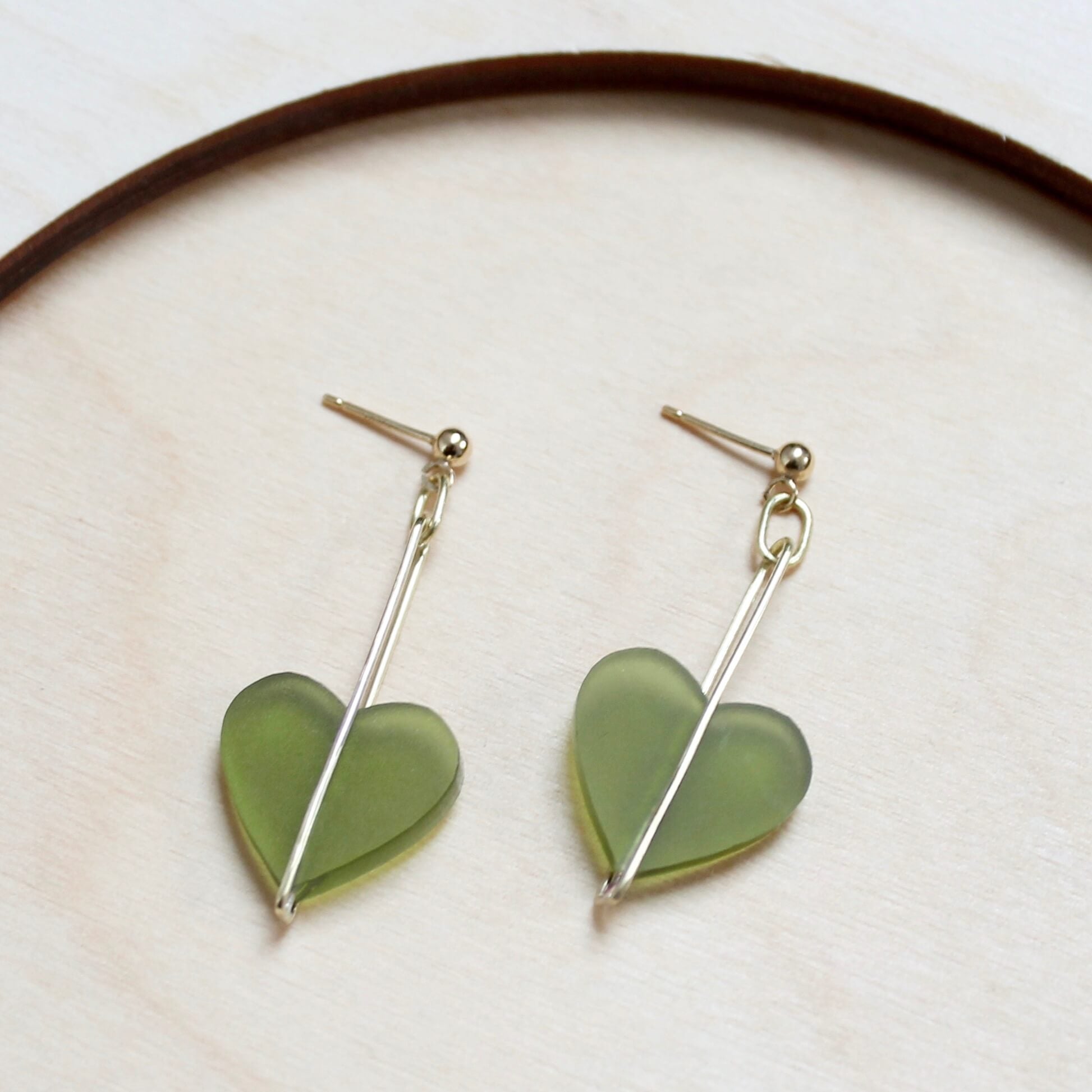 Heart Drop Earrings | Olive | Perspex & Brass | by Jules & Clem - Lifestory