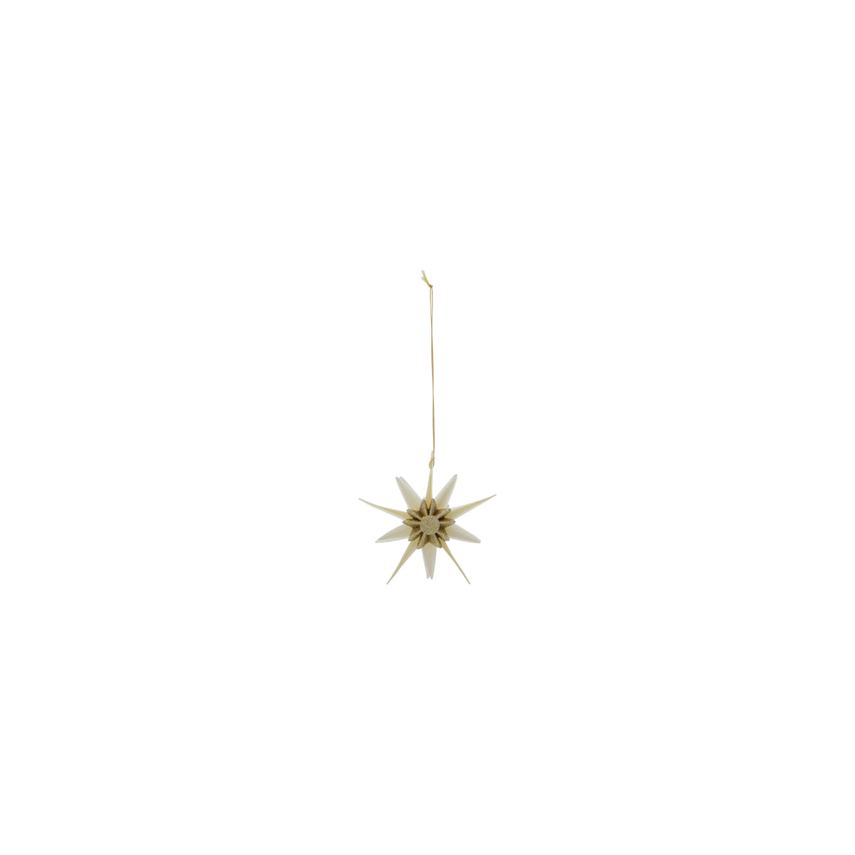 A small gold-toned star-shaped hanging ornament with white translucent rays, suspended by a thin gold string on a plain white background.