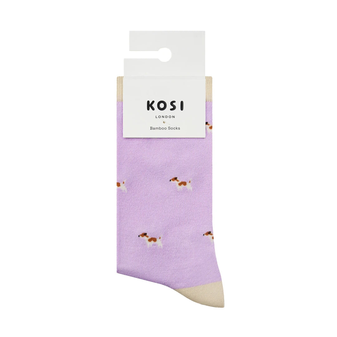 KOSI London The Jack Russell Bamboo Socks (UK 3-8) and KOSI London packaging on a white background | Lifestory