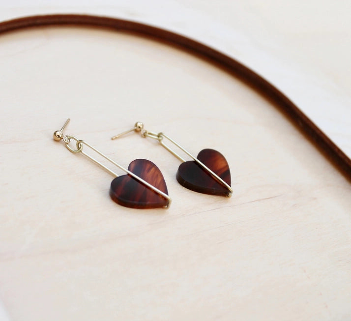 Jules & Clem Heart Drop Earrings in Perspex & Brass - Lifestory