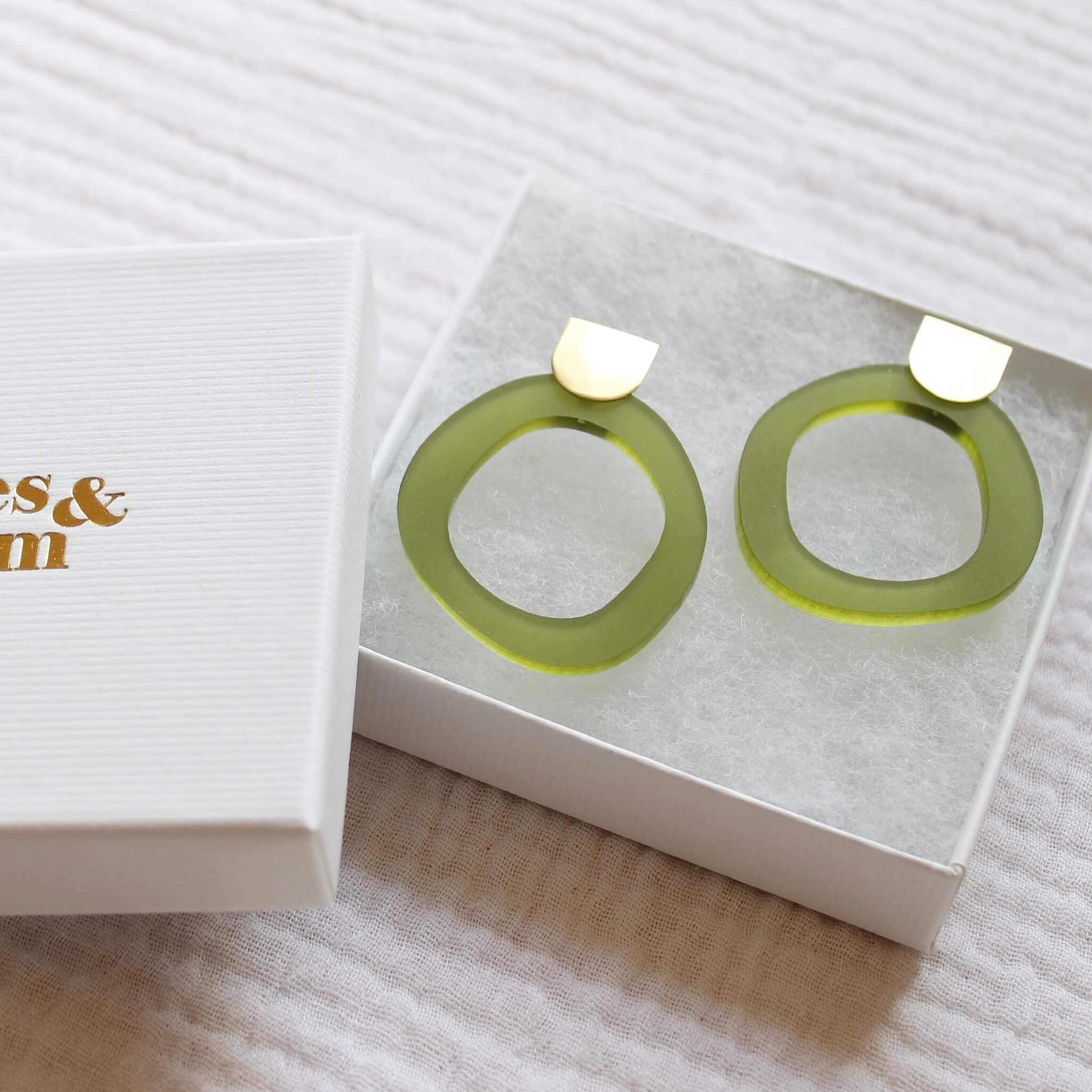 Pebble Stud Earrings | Olive | Perspex & Brass | by Jules & Clem - Lifestory