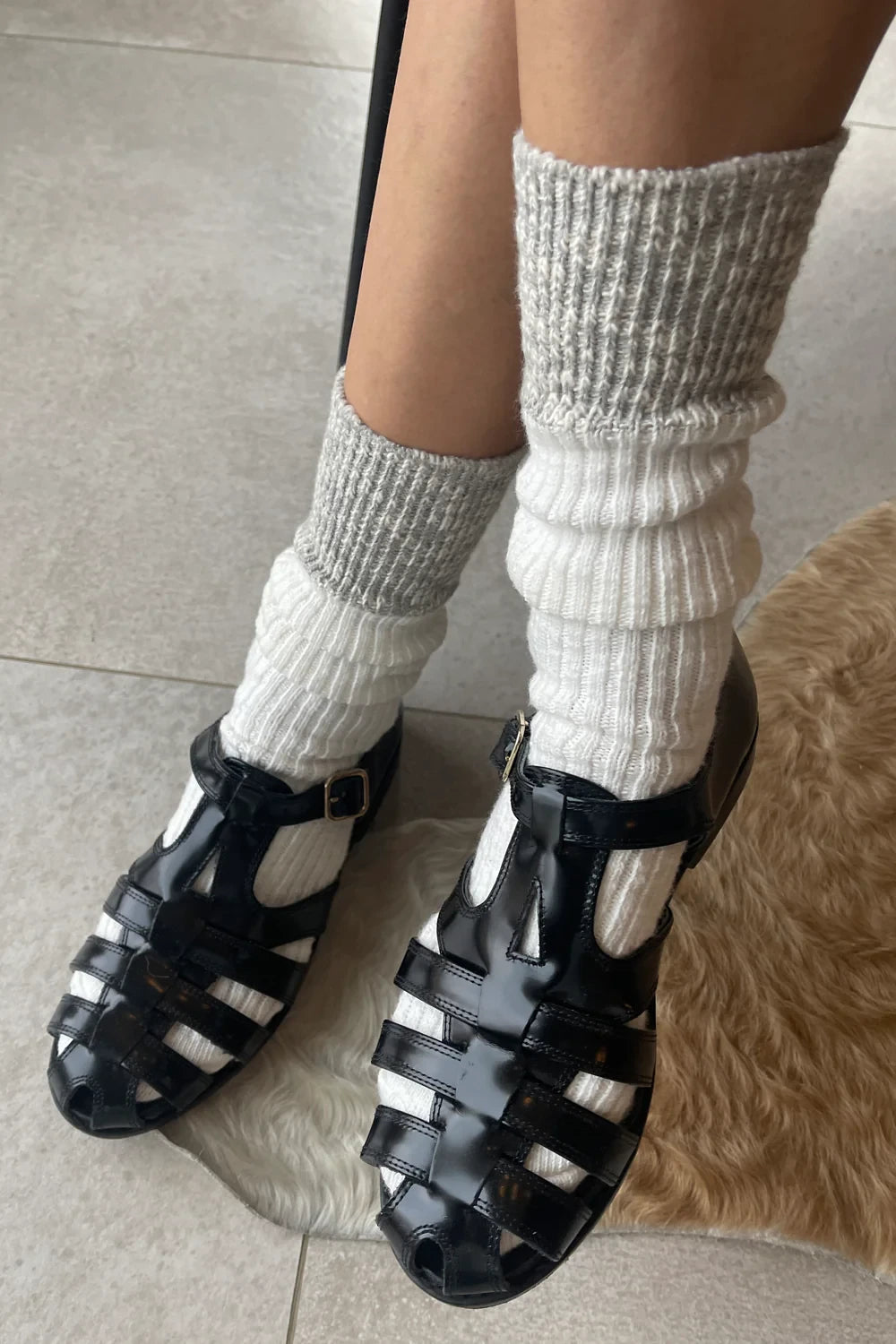 Colour Block Cottage Socks in White Linen and Heather Grey by Le Bon Shoppe