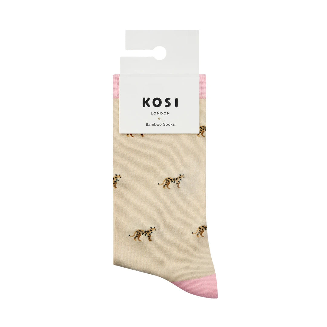 KOSI London The Leopard Bamboo Socks (UK 3-8) and KOSI London packaging on a white background | Lifestory
