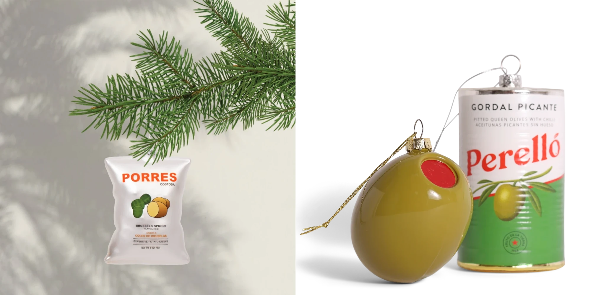 Decorative items including a can of Perello olives, a bag of Porres olives, and an olive-shaped ornament on a light background.