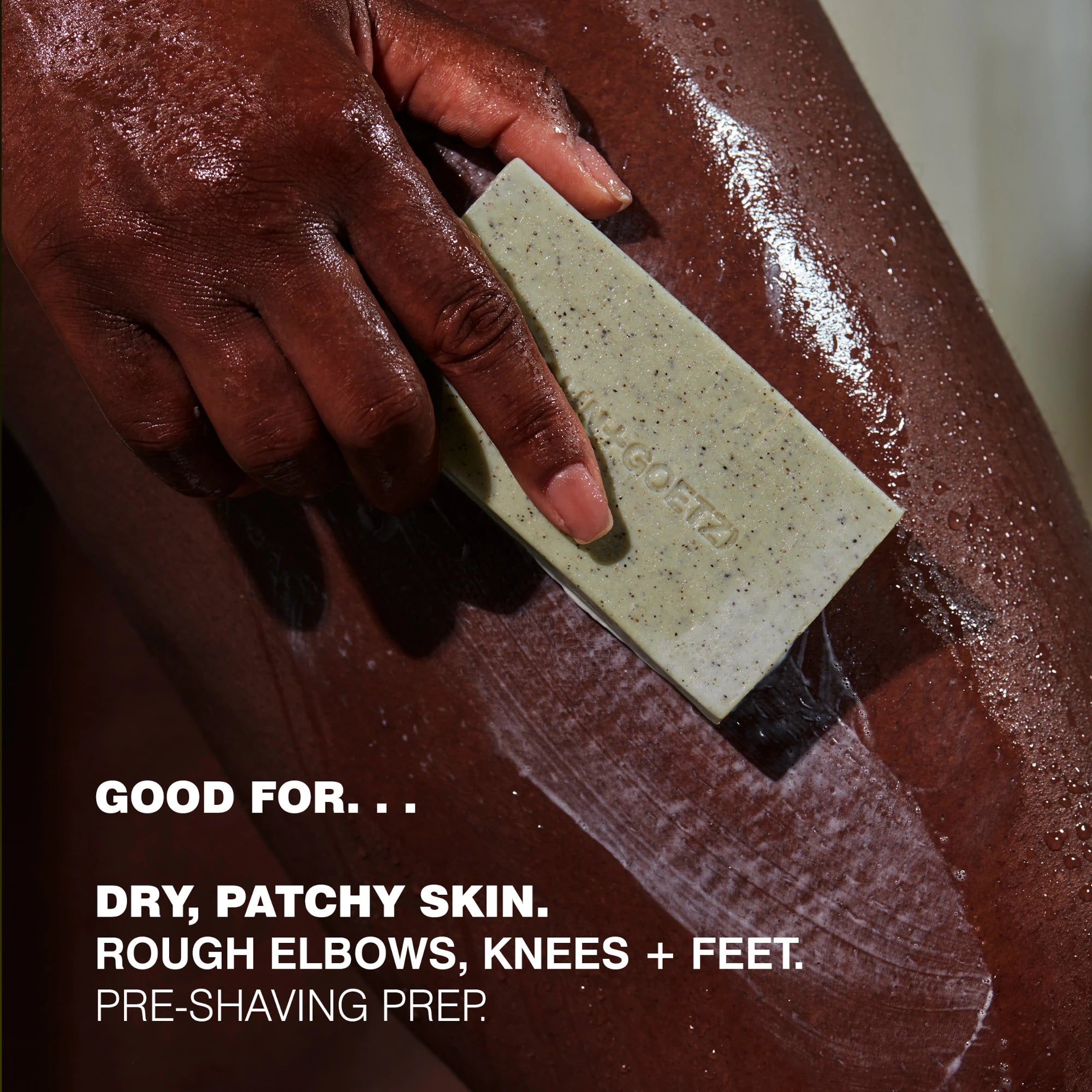 Mandelic Acid Body Exfoliating Bar by Malin+Goetz infographic stating it is good for use on dry patchy skin on the elbows knees and feet
