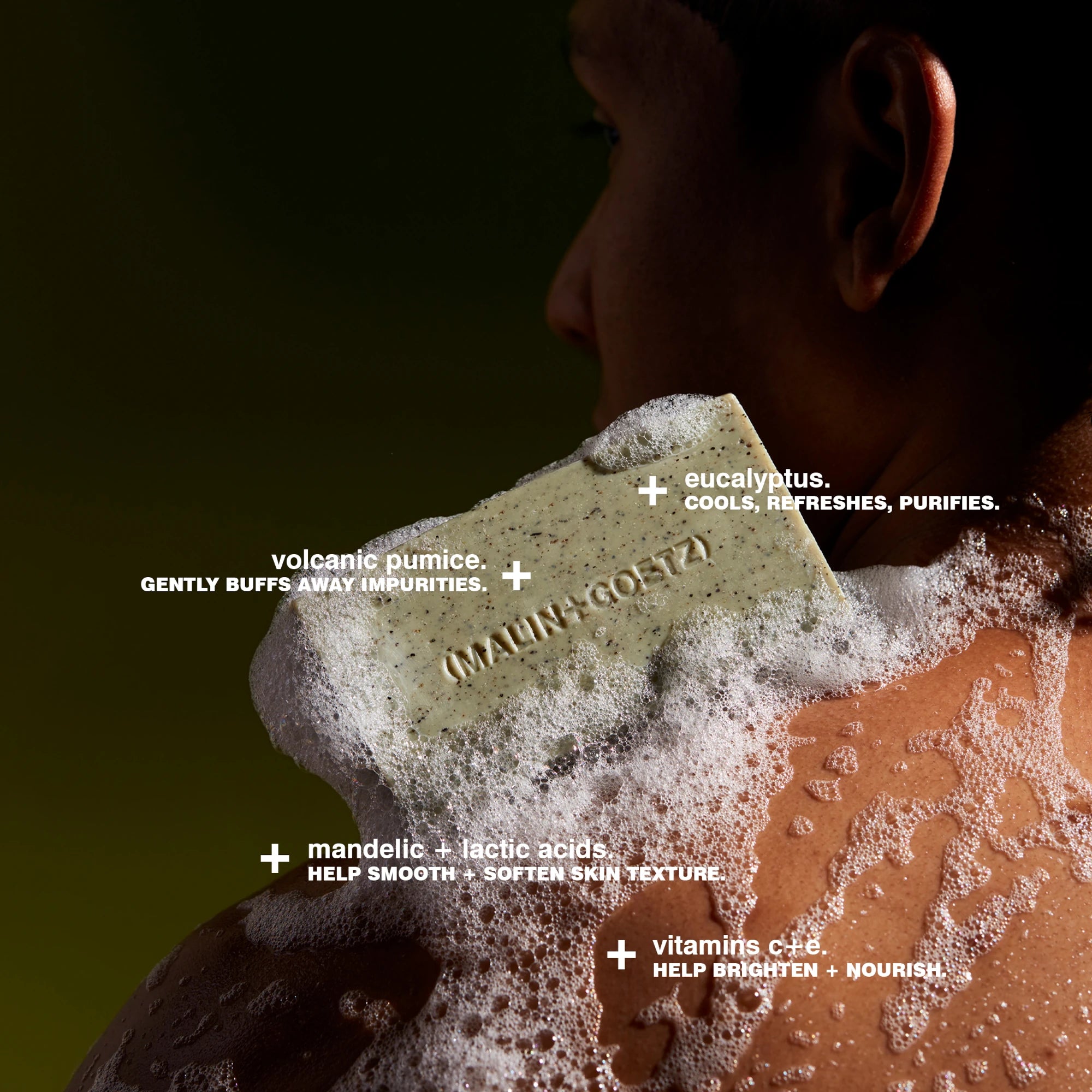 Mandelic Acid Body Exfoliating Bar by Malin+Goetzinfographic image with the key ingredients