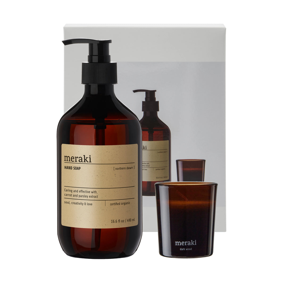 Meraki Gift Box Northern Dawn Hand Soap & Dark Wood Candle