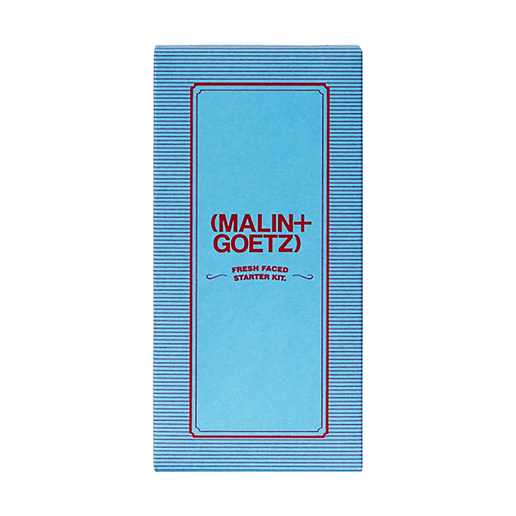 Malin and Goetz Fresh Faced Start Kit 2024. A blue box with the brand logo and product name printed in dark red ink