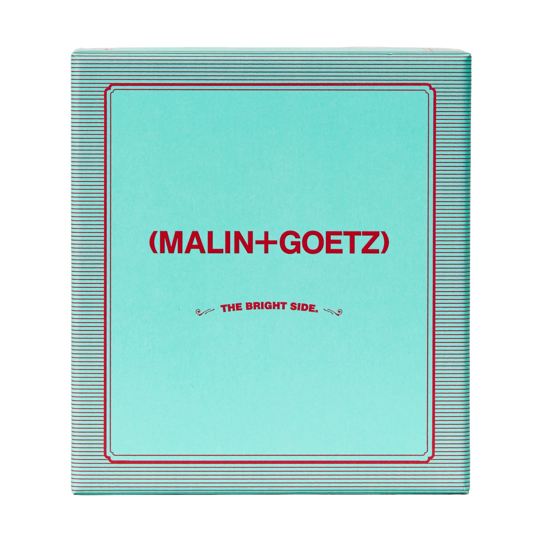 Malin and Goetz The Bright Side Bergamot Hand and Body gift set packaging front with the brand logo and product name in red ink on a teal box
