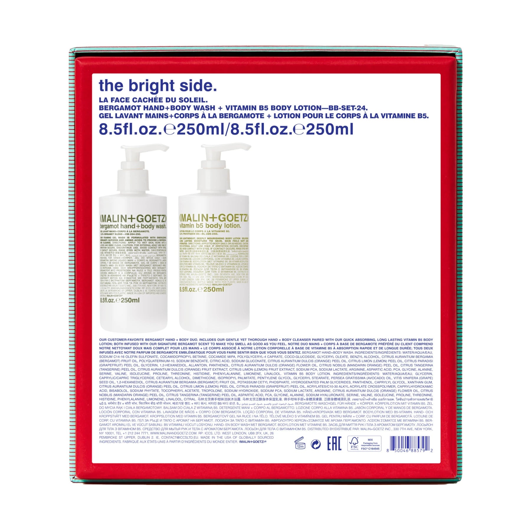 Malin and Goetz The Bright Side Bergamot Hand and Body gift set packaging reverse featuring a contents list