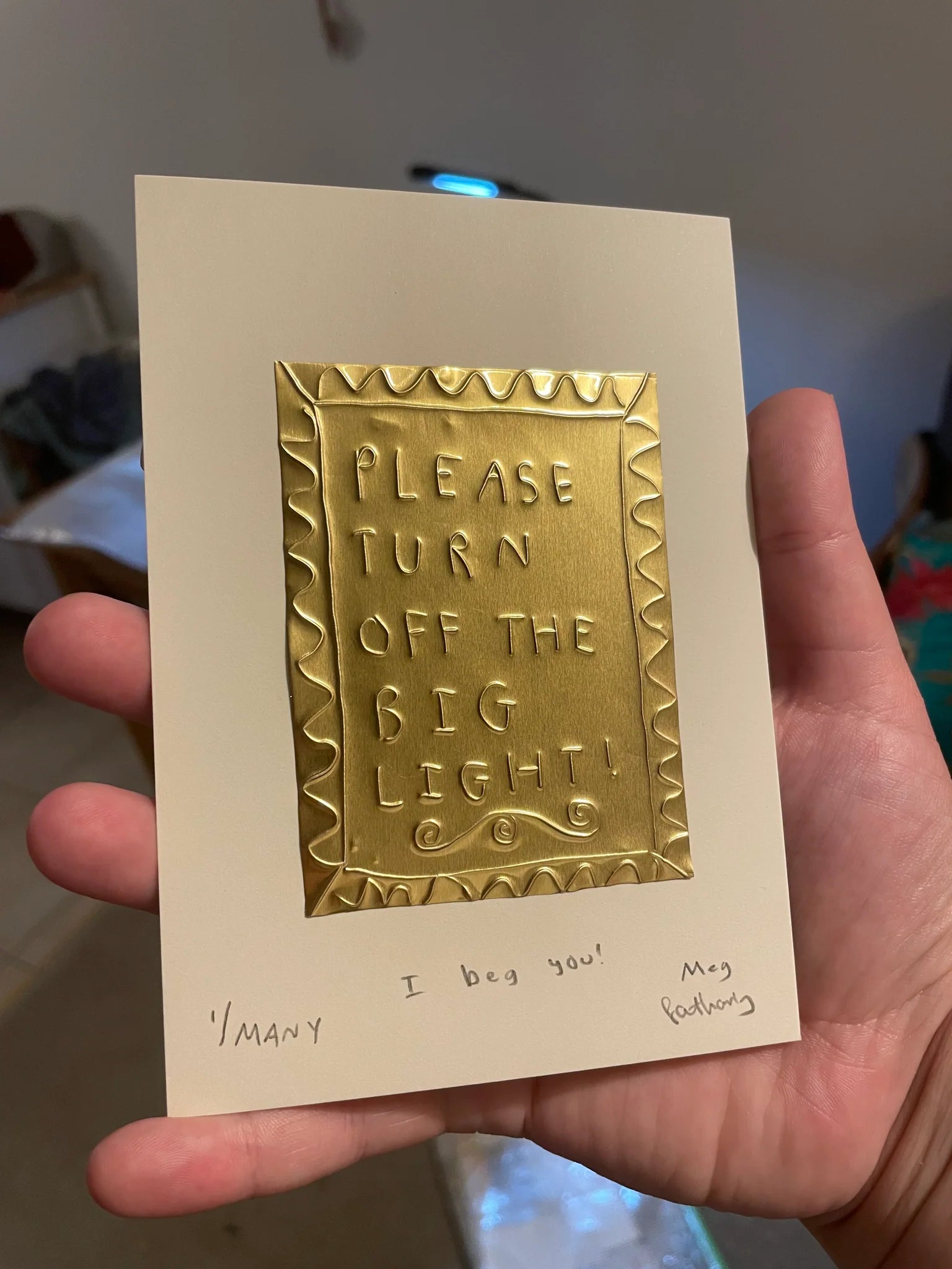 Meg Fatharly 'Please Turn Off the Big Light' Tin Embossed Artwork - 2 sizes
