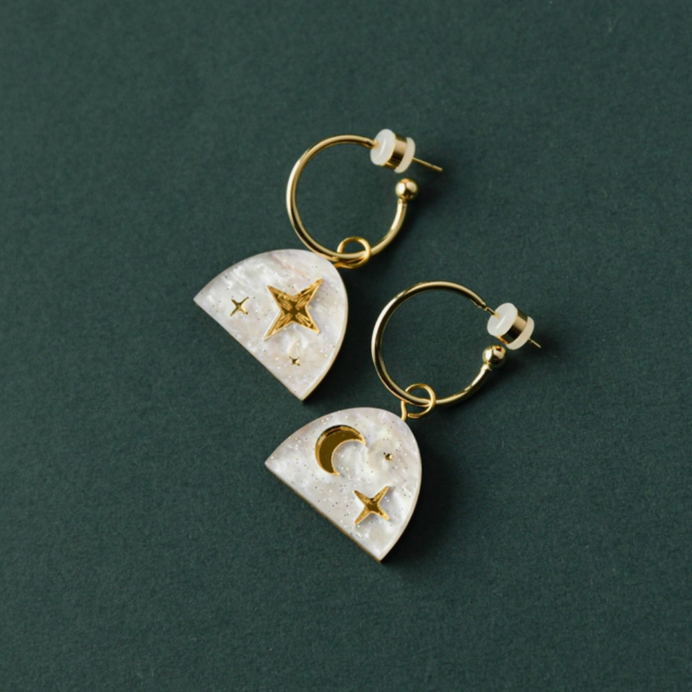 Moon Rising Arc Hoops Earrings | White Marble | Acrylic & Wood | by Pepper You - Lifestory