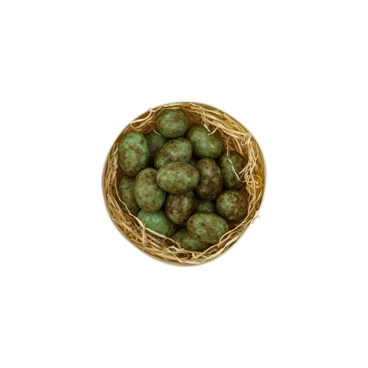 Wooden basket filled with green eggs on a white background
