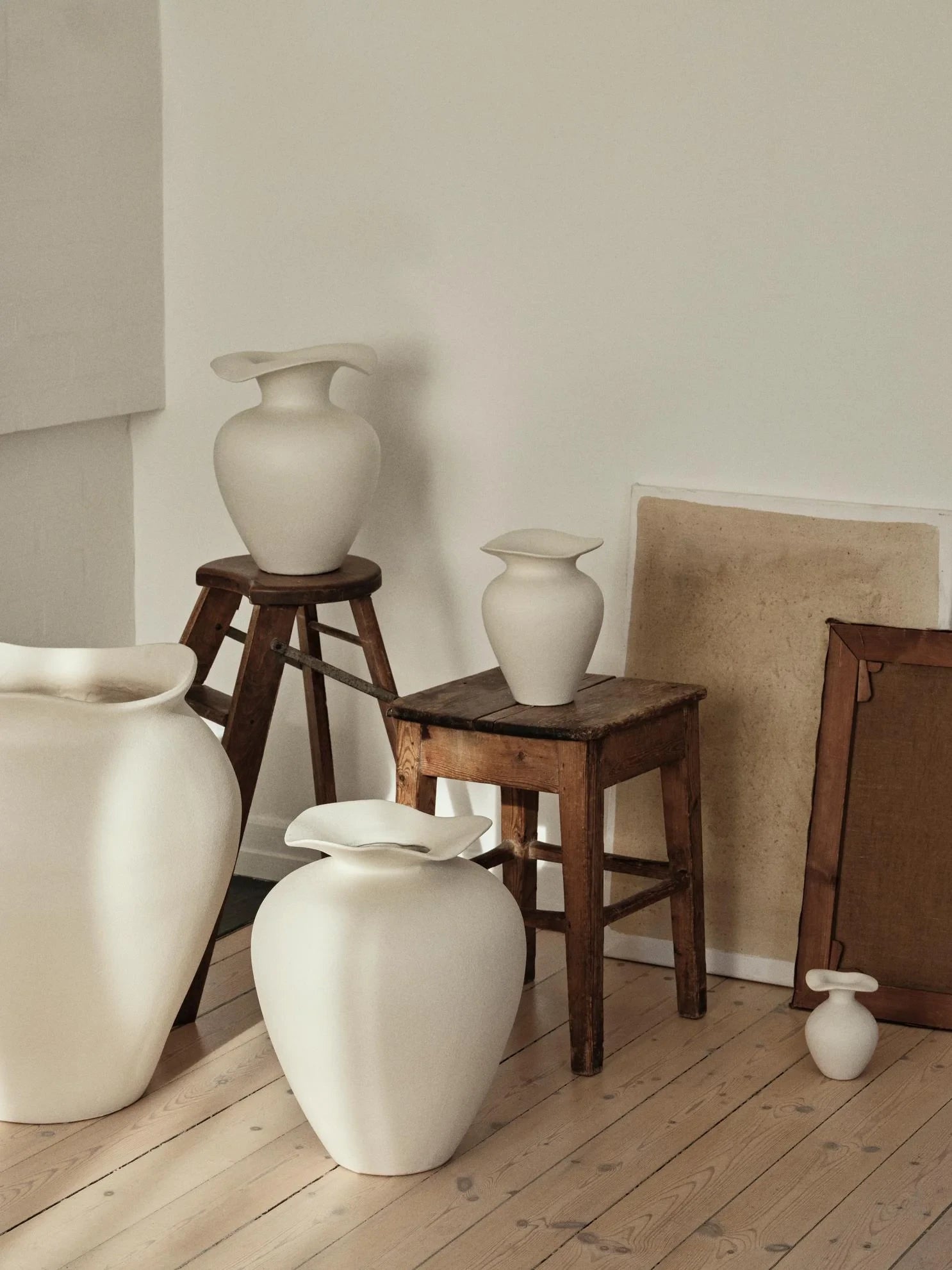 Broste Copenhagen Off-white Glazed Stoneware Florentina Vase Famile from XS to XL in a studio setting