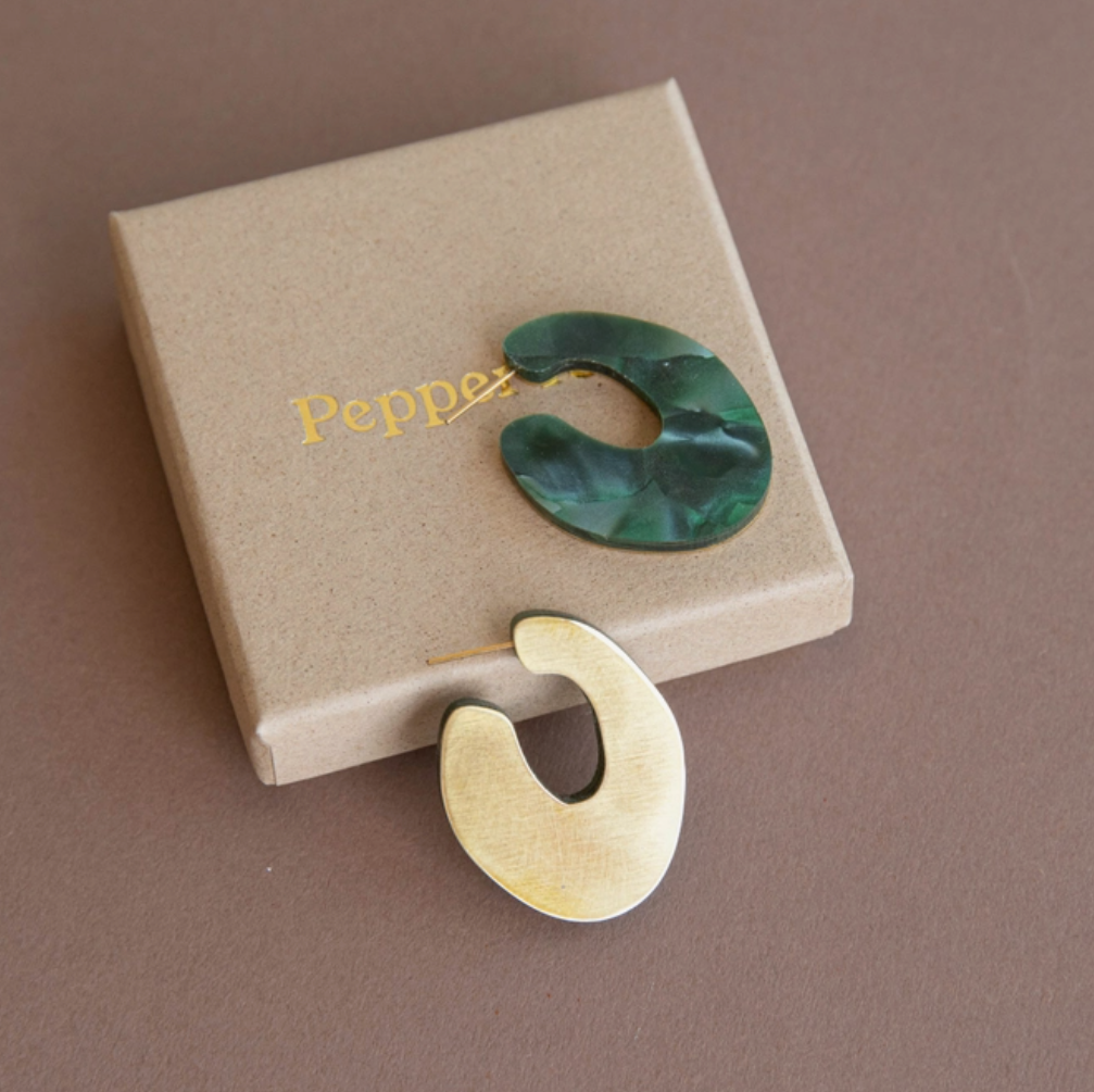 Organic Structure Hoop Earrings | Marbled Teal | Acrylic & Brass | by Pepper You - Lifestory