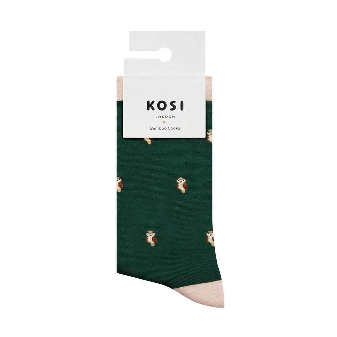 KOSI London The Owl Bamboo Socks (UK 3-8) and KOSI London packaging on a white background | Lifestory