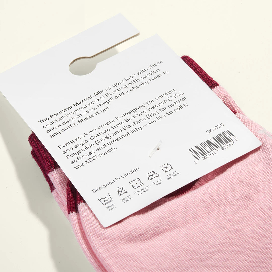 KOSI London The Pornstar Martini Socks (UK 3-8) and KOSI London packaging on a white background | Lifestory