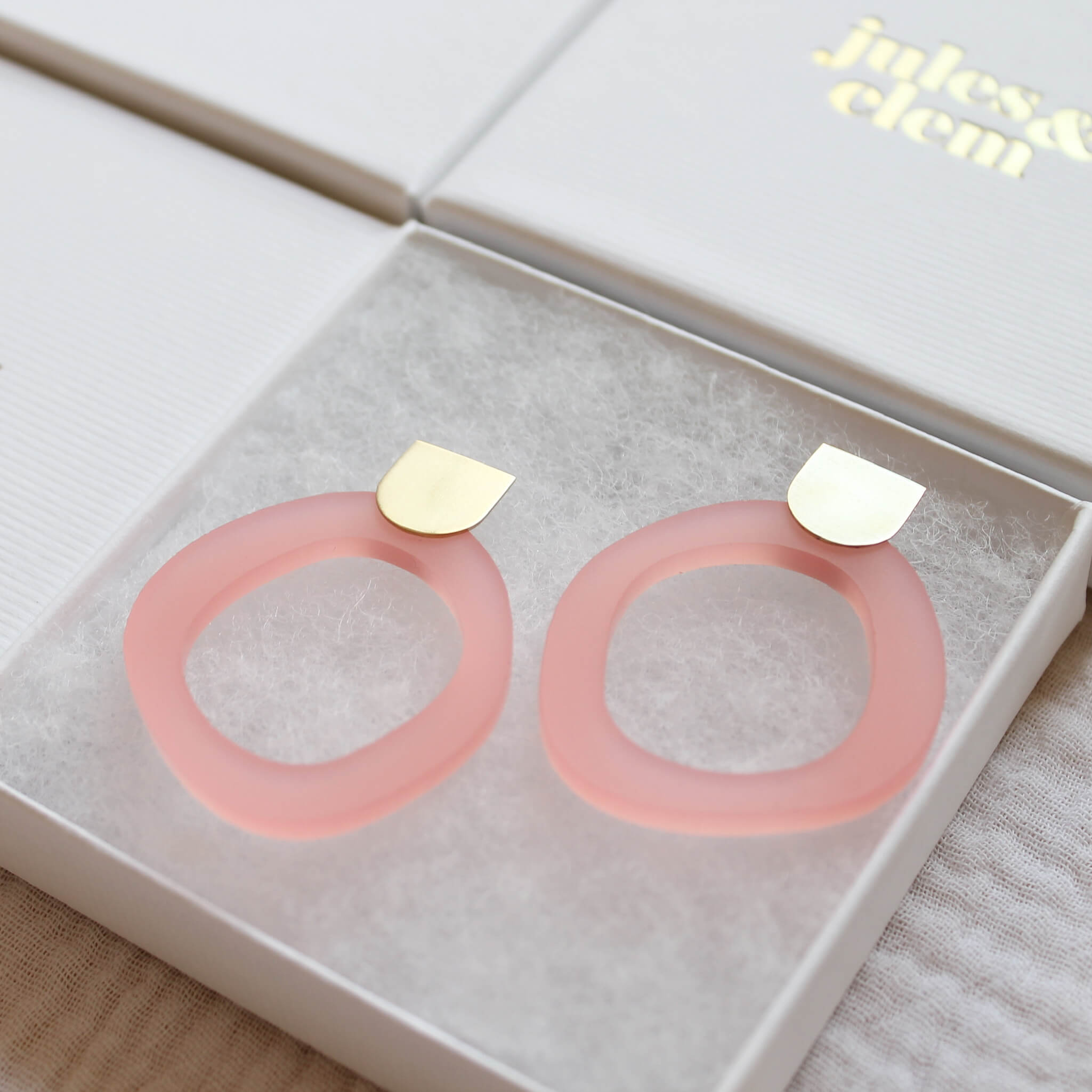 Pebble Stud Earrings | Pink  | Perspex & Brass | by Jules & Clem - Lifestory