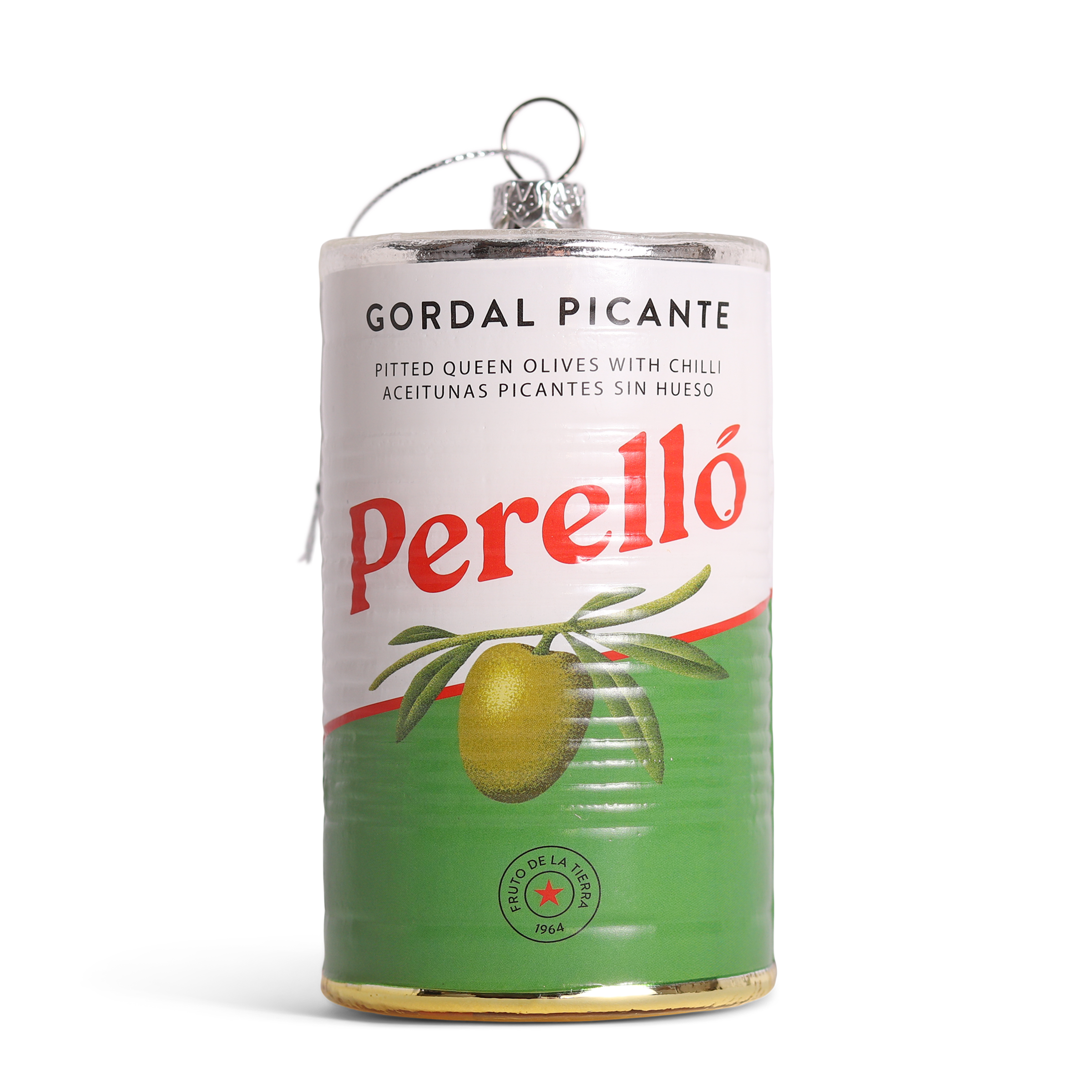 Cut out of a green and white jar of Perelló Olives as a Glass Hanging Decoration by studio THIE