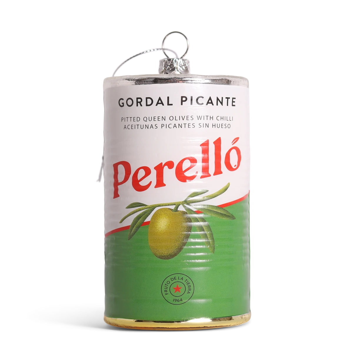Cut out of a green and white jar of Perelló Olives as a Glass Hanging Decoration by studio THIE