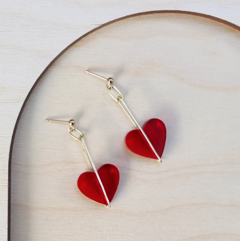 Heart Drop Earrings | Red | Perspex & Brass | by Jules & Clem - Lifestory