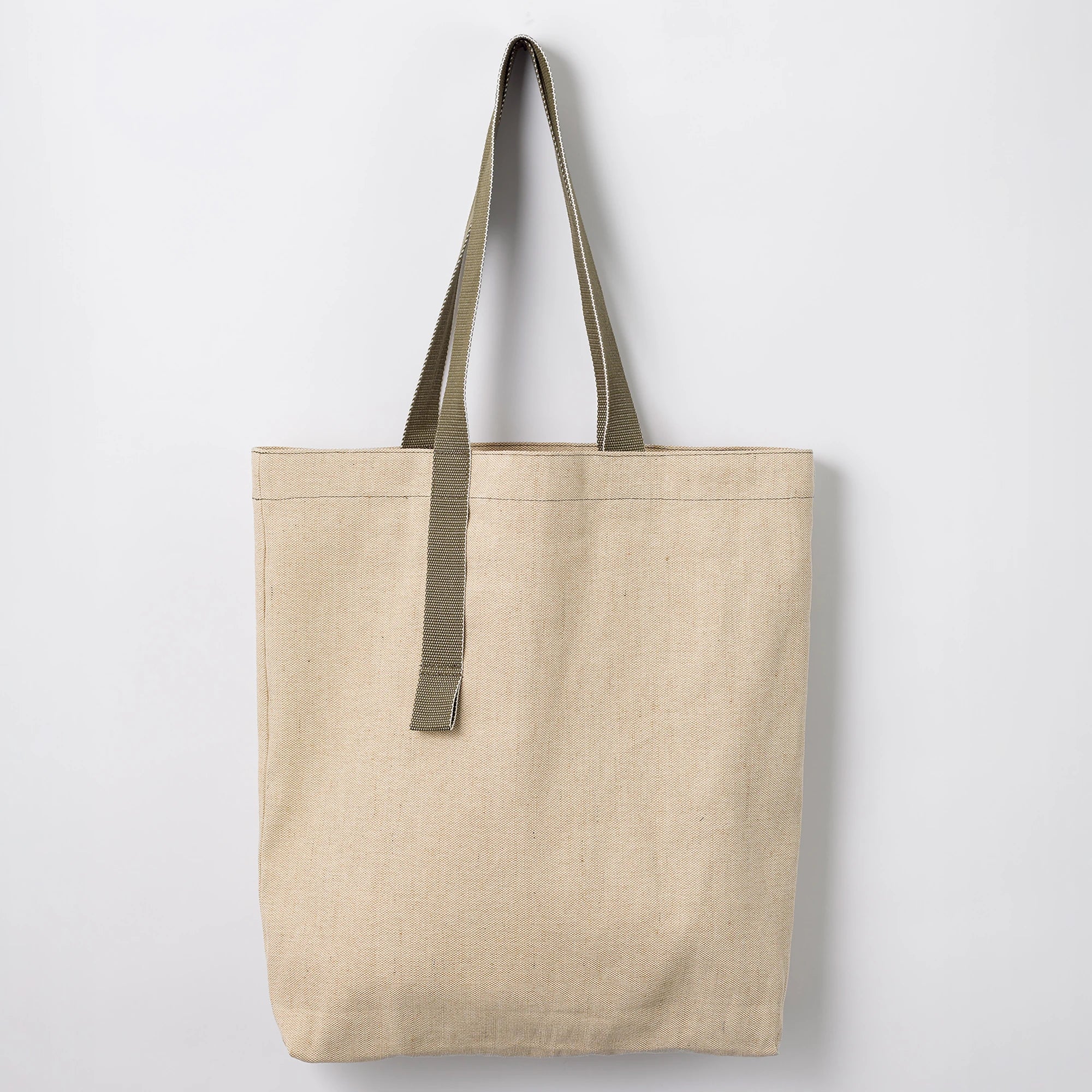 Beige Shangies tote bag with Dusty Olive straps on a light grey background | Lifestory