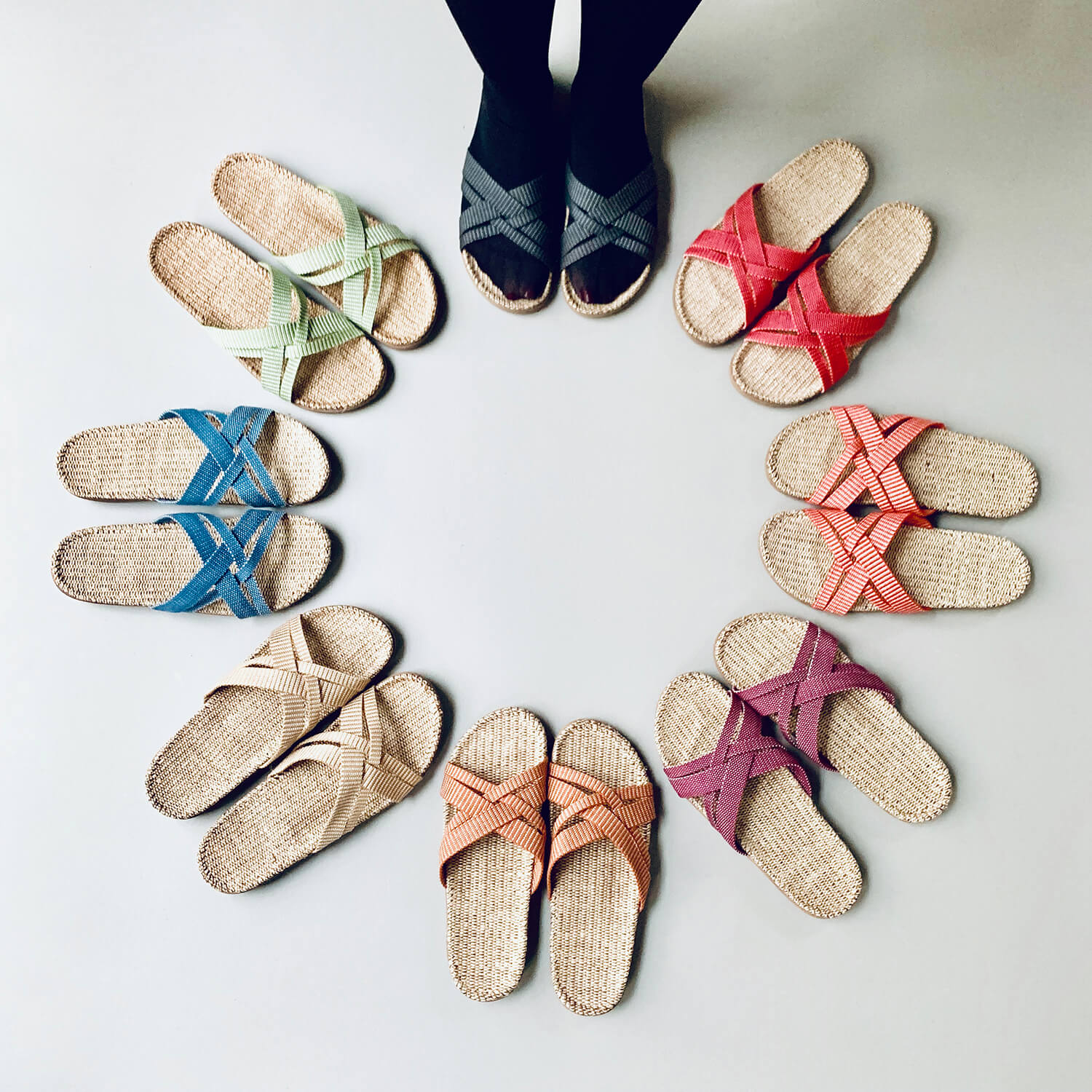 A circle of Shangies sandals in various colourways
