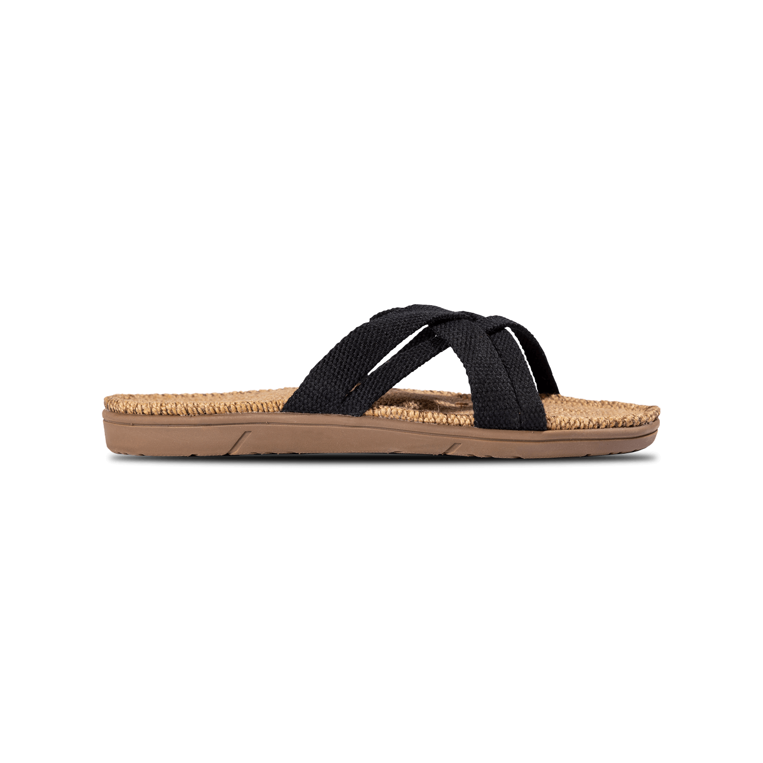 The side profile of a women's Shangies sandal with black straps and a natural jute sole