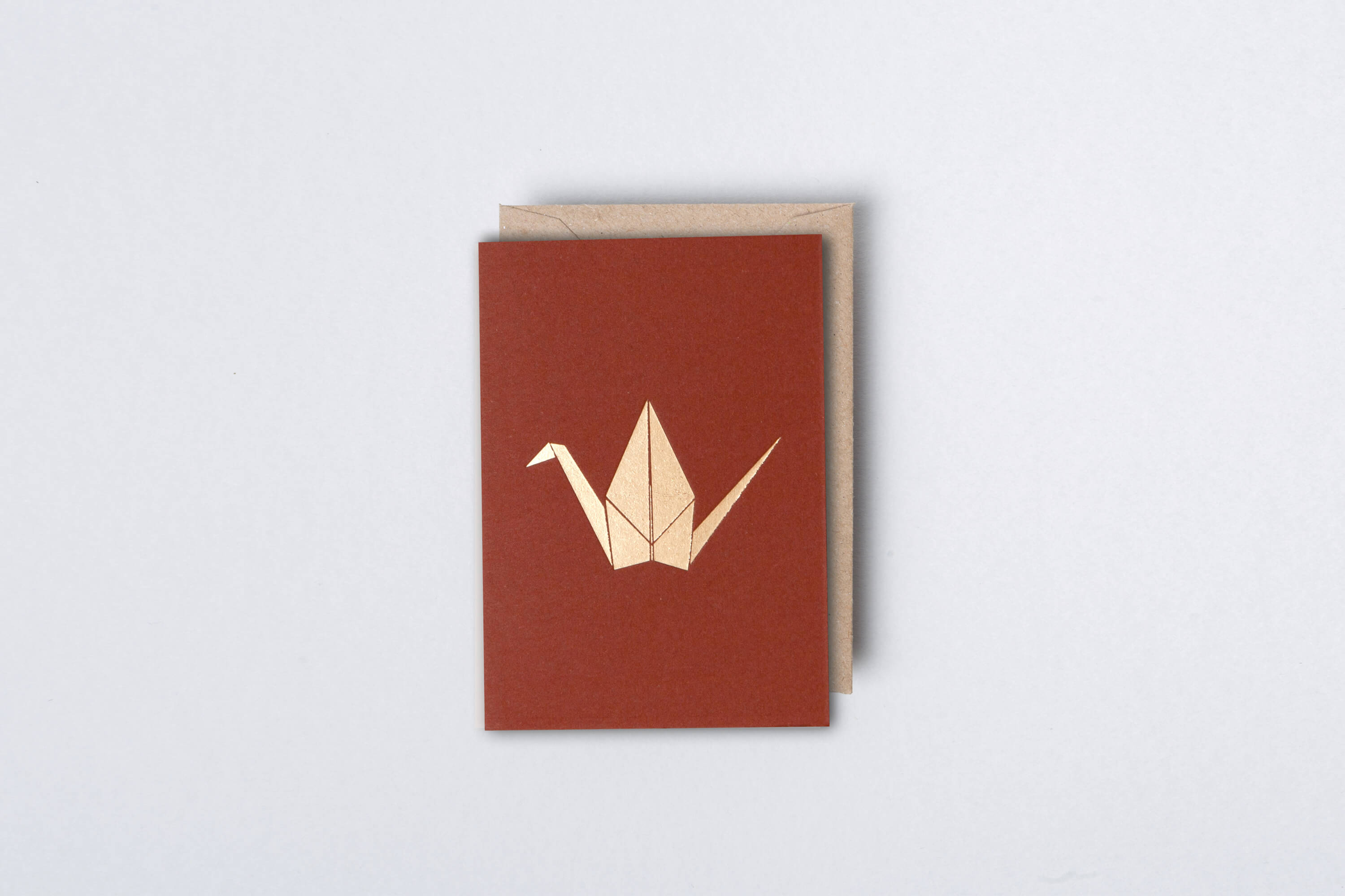 Small Paper Crane Card | Brass on Berry Red | Foil Blocked | by Ola - Lifestory