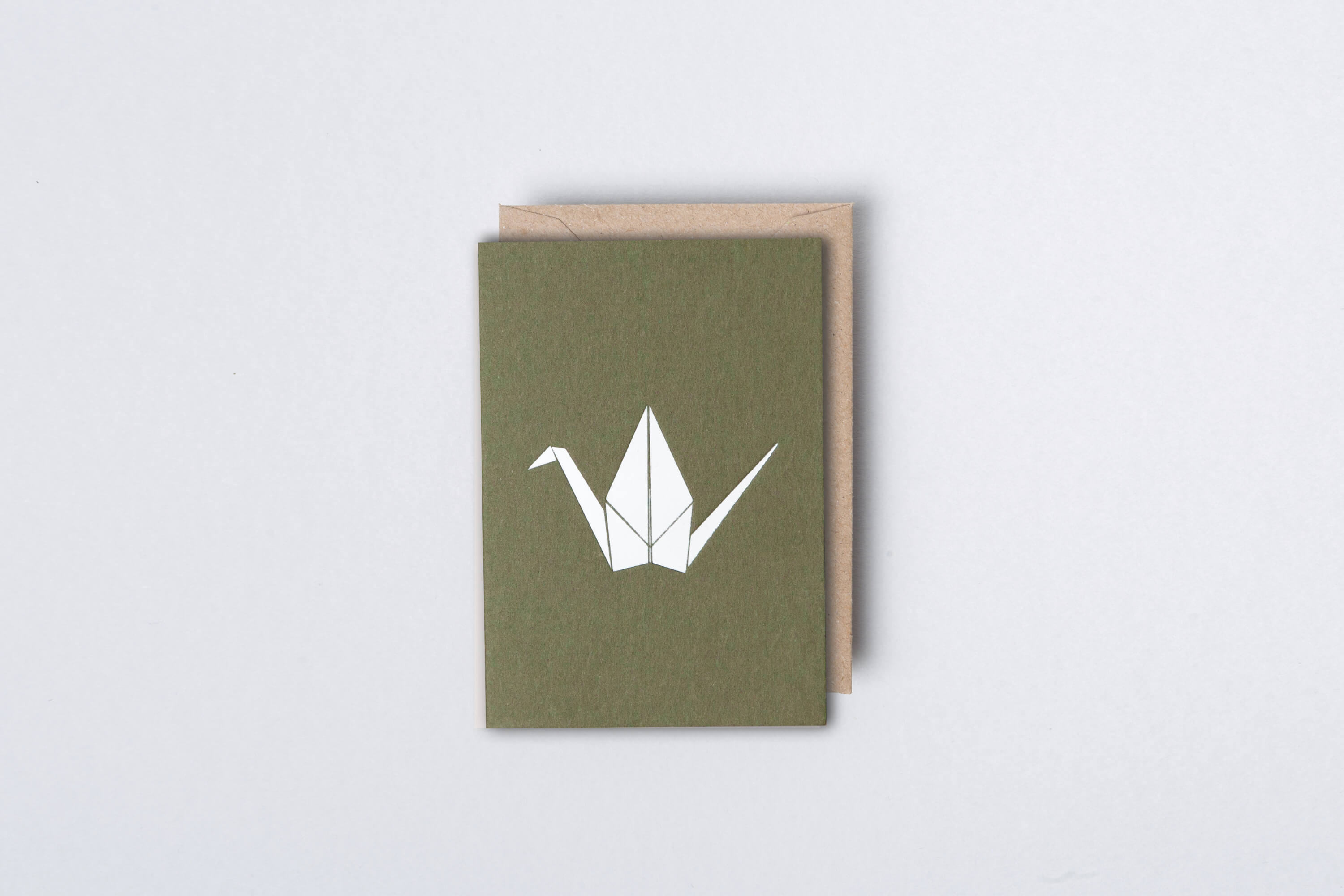 Small Paper Crane Card | White on Moss | Foil Blocked | by Ola - Lifestory