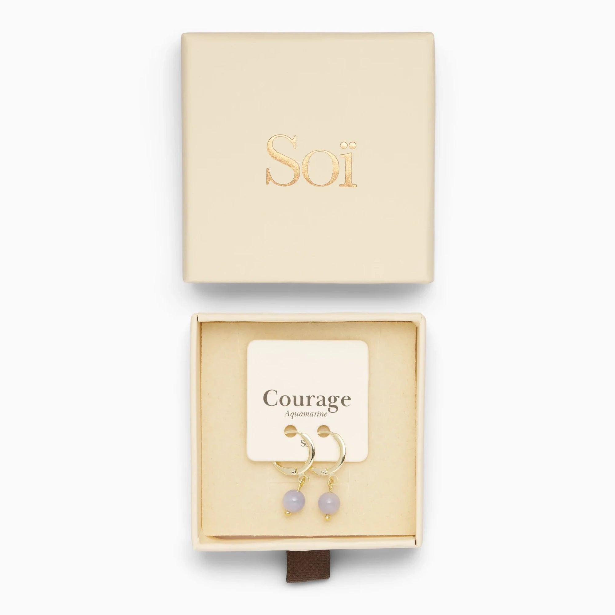 Soï Copenhagen Ava huggie hoop earrings in 18k gold with a Aquamarine stone with jewellery box