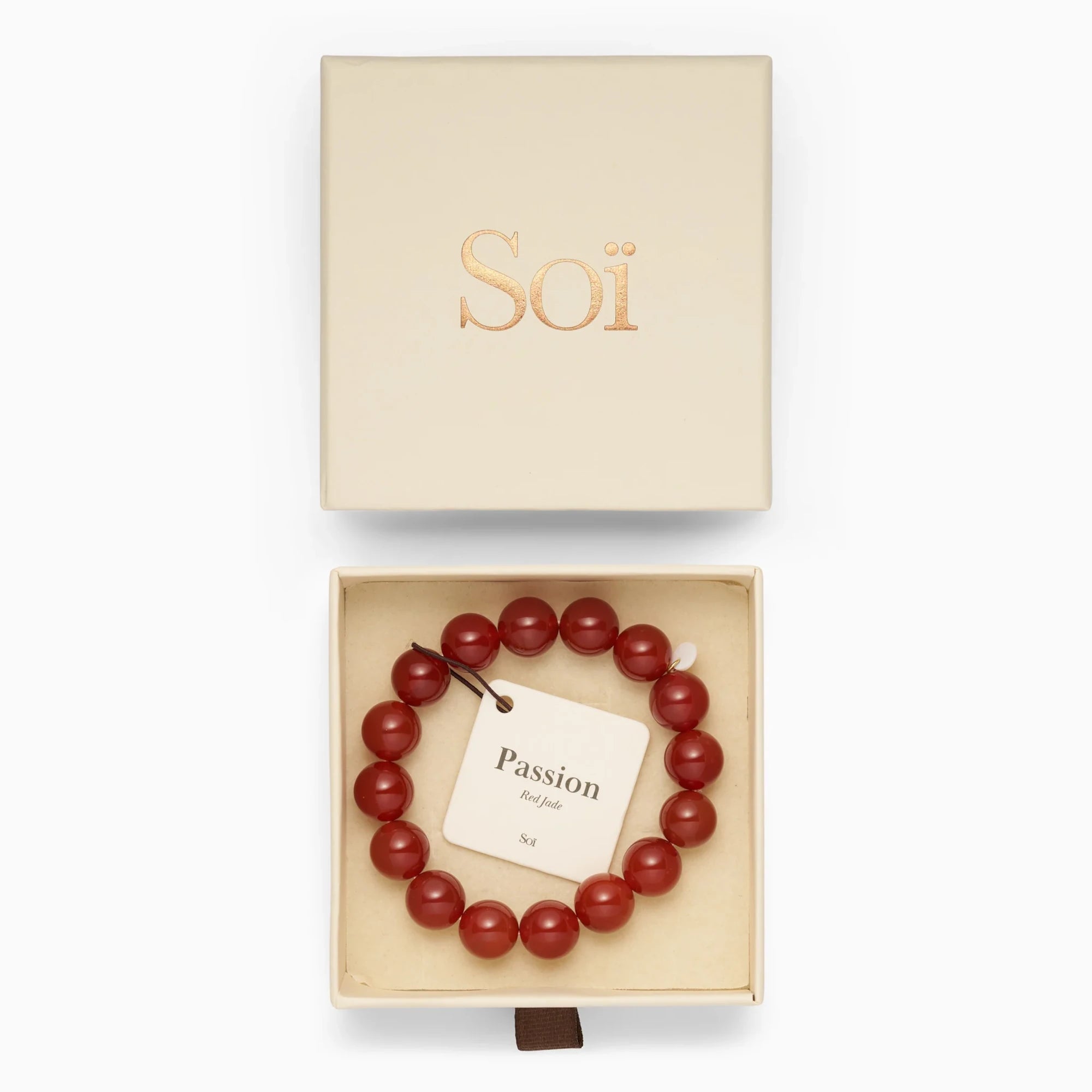 Soï Copenhagen chunky Red Jade crystal stretch bracelet in jewellery box
