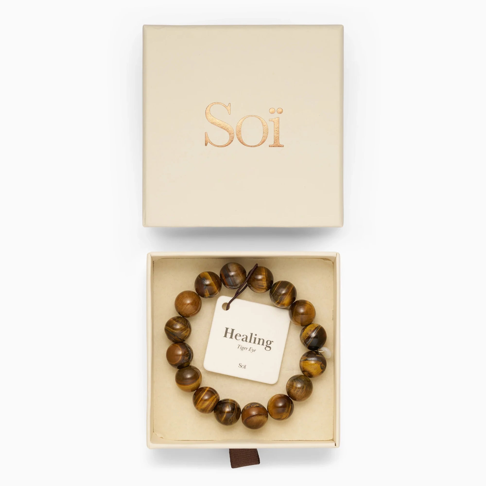 Soï Copenhagen chunky Tiger Eye crystal stretch bracelet in Jewellery box